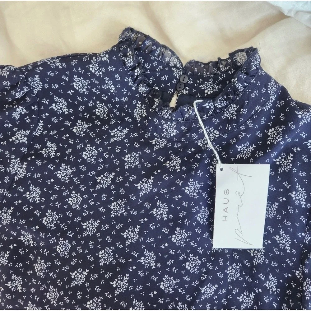 NWT Line + Dot Navy Blue Floral Flowy Chiffon Mini Dress with Mock Neck Size M
